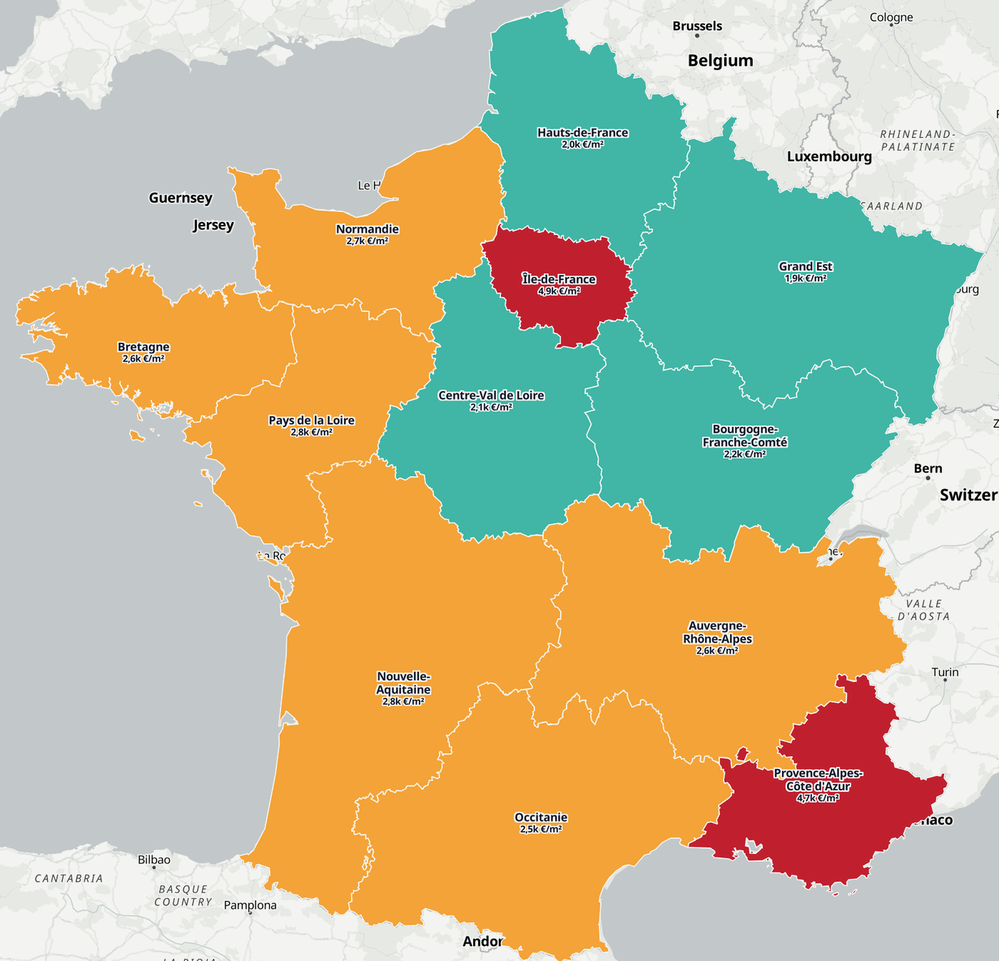 Carte de France colorée par prix de vente médian au m² pour chaque région, Corse incluse.
